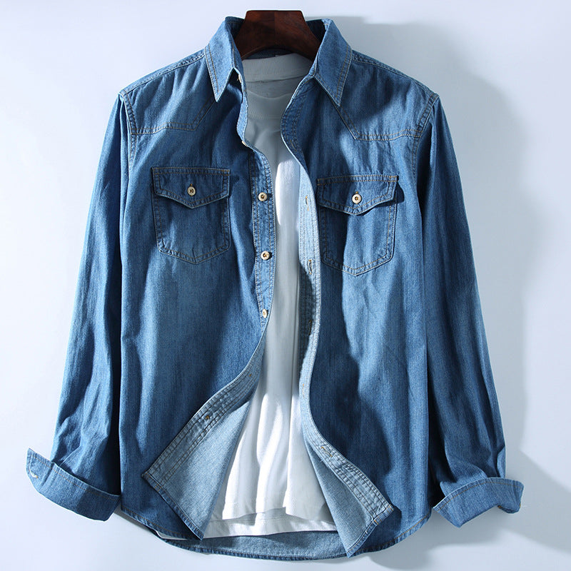 Washed light blue denim with wooden buckle