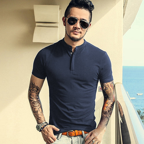 C2C Henry Collar Elastic Slim Short Sleeved T-shirt