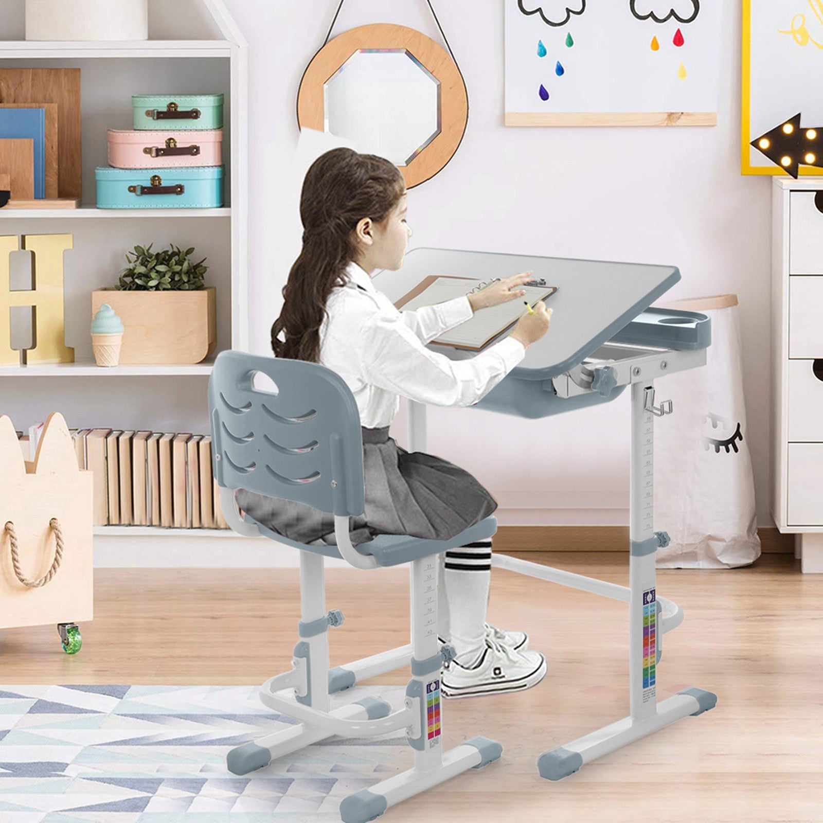 C2C Height Adjustable Study Desk And Chair Set Pull Out Drawer With Tilted Desktop