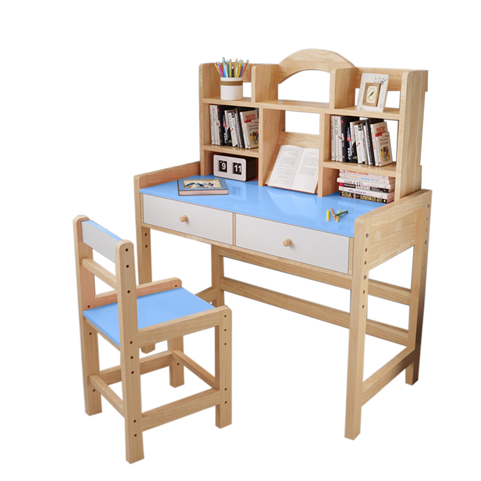 C2C Wooden Student Desk And Chair Set With Drawers And Bookshelves Adjustable Height