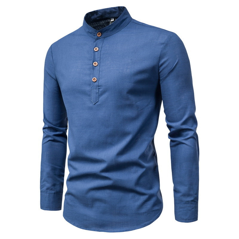 C2C Cotton And Linen Long-Sleeved Shirt Solid Color Stand Collar Shirt