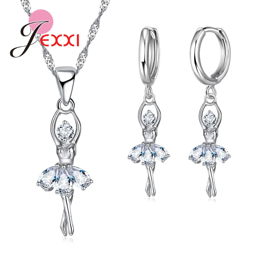 C2C Cute Ballet Dancer 925 Sterling Silver Jewelry Cubic Zircon Necklace & Earrings Set