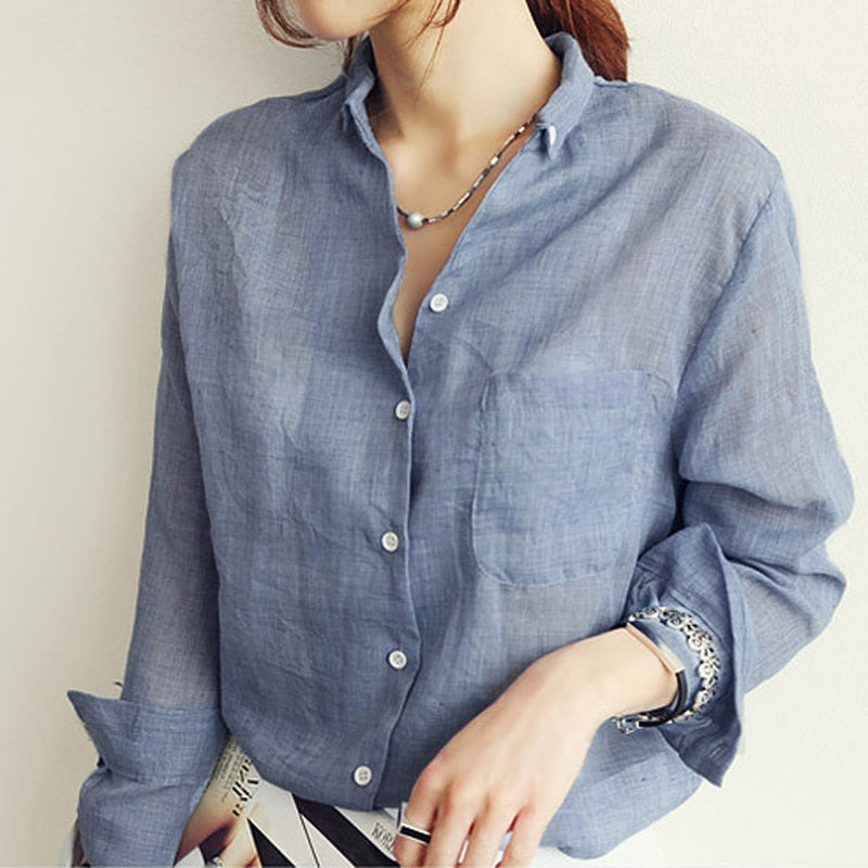 C2C Mall-Chemisier Linen Long Sleeve Ladies Blouse