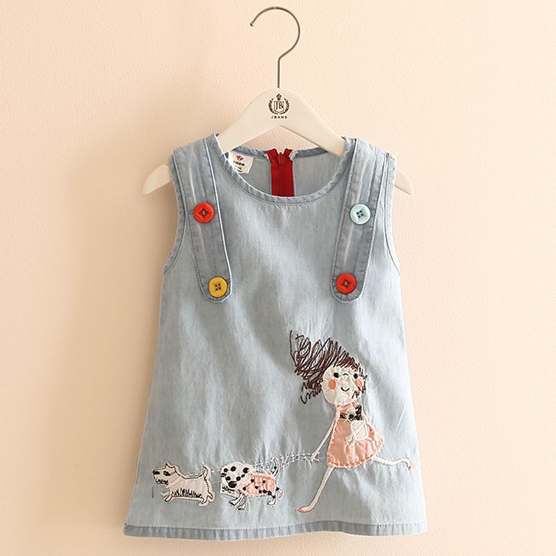 Little Girl Embroidery Cartoon Dog Tank Denim Dresses