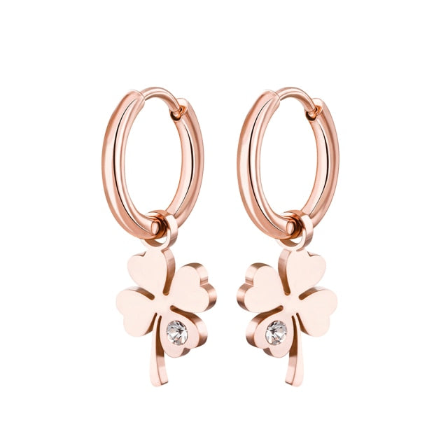 New Four Leaf Clover Earrings for Women Gold Silver Plated Hoops Stainless Steel with Zircon Fashion Jewelry Never Fade