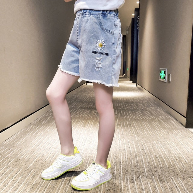 C2C TBwish Girls Flower Embroidery Denim Jean Short