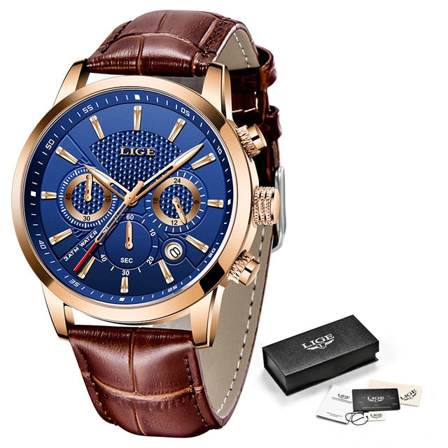 Leather Chronograph Waterproof Sport Automatic Date Quartz Men Watch