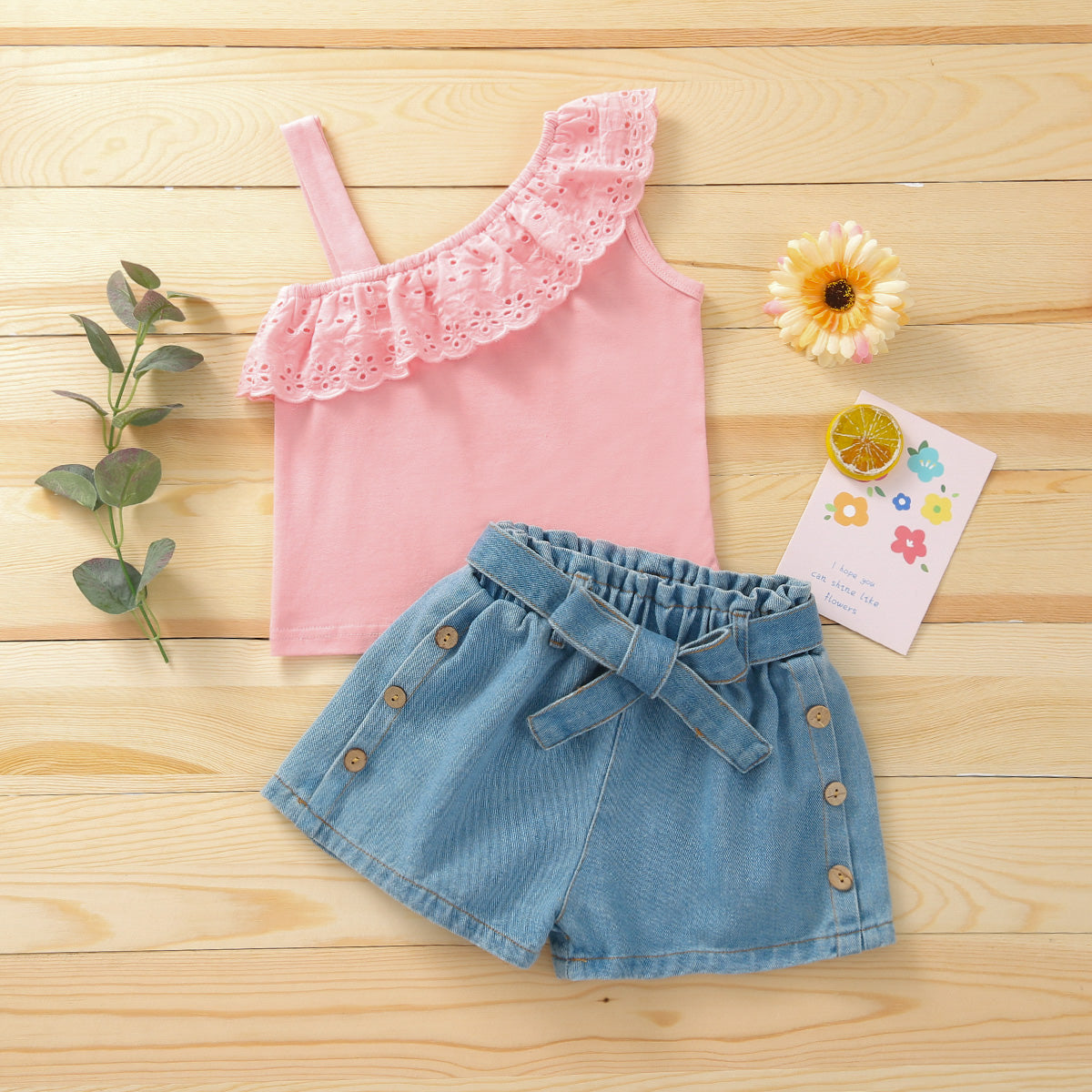 Girls Lace Flounce Sleeveless and Elastic Waist Denim Shorts