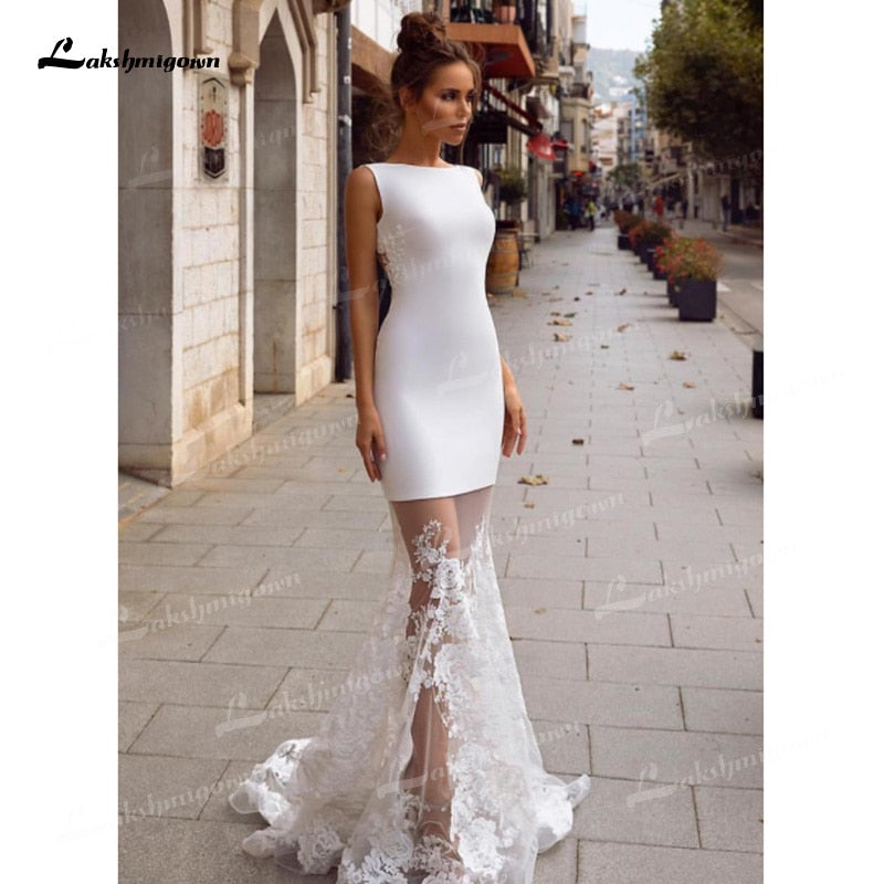 C2C Unique Tulle & Soft Satin Boat Neck Mermaid Wedding Beach Dress
