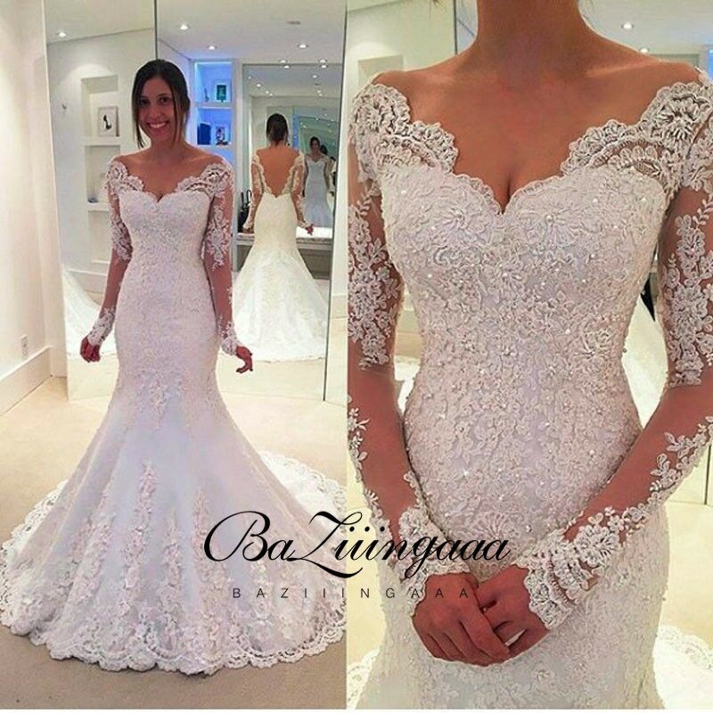 Luxury Mermaid Bride Floral Print Lace V neck Wedding Plus Size Dresses Robe De Marié