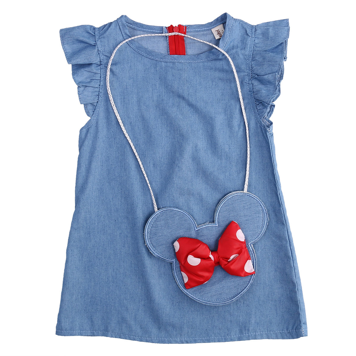 Girl Ruffle Short Sleeve Denim Dress With Mouse Bag