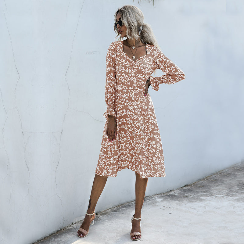 C2C French Style Long-Sleeved Floral V-Neck Pleated Short Women Dress