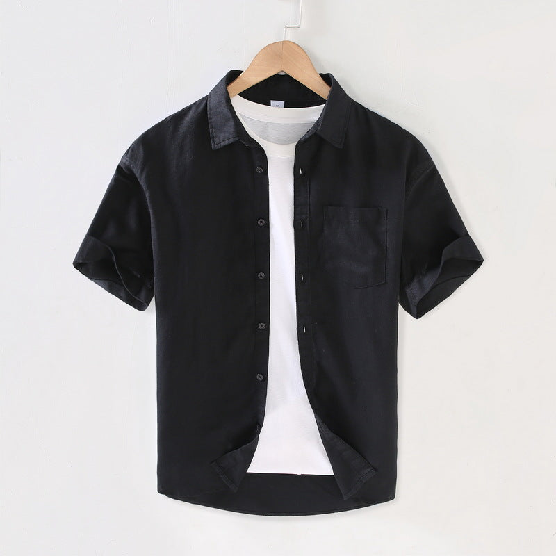 Men Short-Sleeved Lapel Shirt Youth Casual Linen Top
