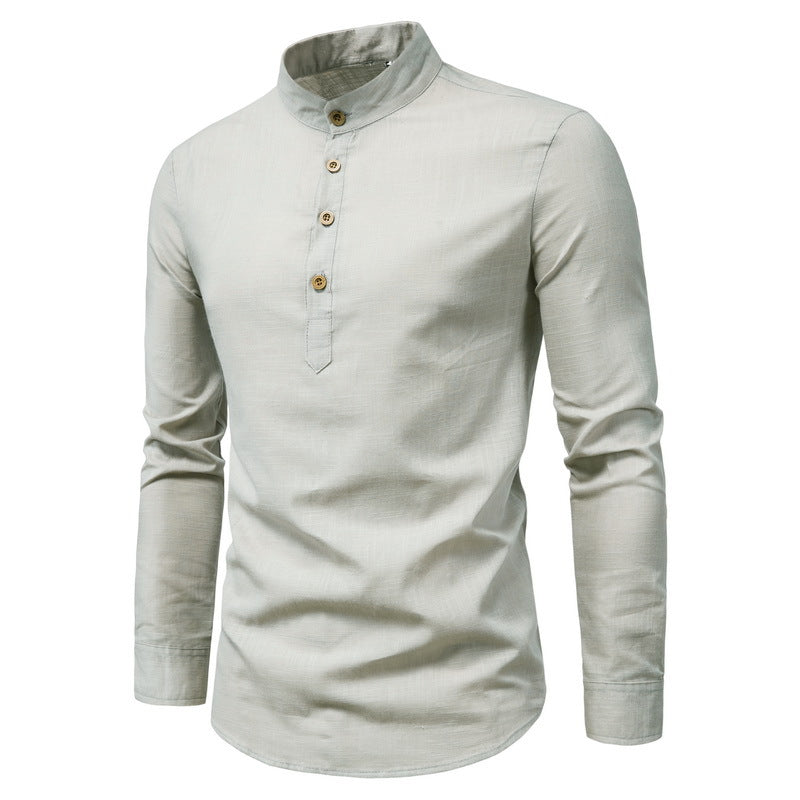 C2C Cotton And Linen Long-Sleeved Shirt Solid Color Stand Collar Shirt