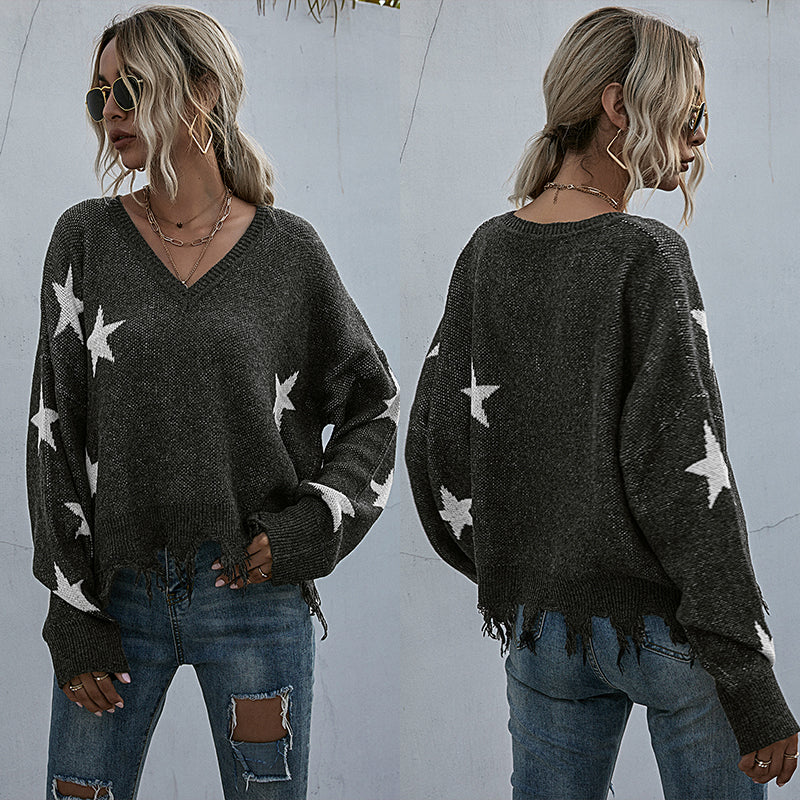 European And American Star Pattern V-Neck Fringed Ladies Knitted Sweater