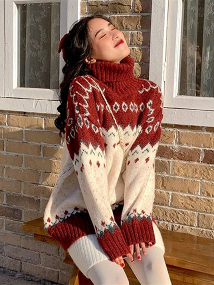 Ladies Red Turtleneck Sweater For Autumn and Winter