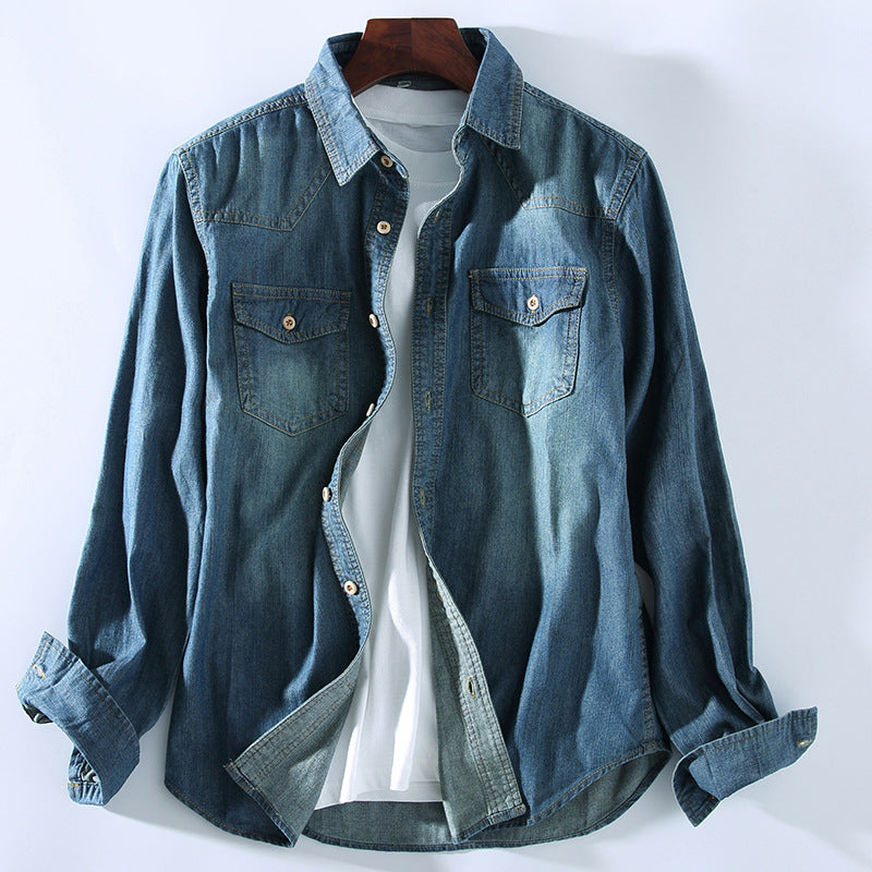 Washed light blue denim with wooden buckle