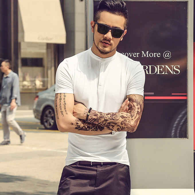 C2C Henry Collar Elastic Slim Short Sleeved T-shirt