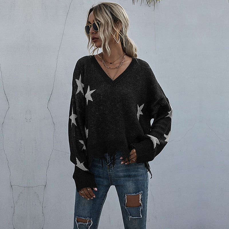 European And American Star Pattern V-Neck Fringed Ladies Knitted Sweater