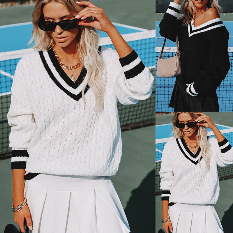 New Women V-Neck Black And White Contrast Color Loose Casual Pullover British Style Sweater