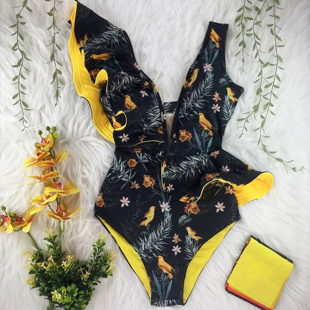 C2C Printed One-Piece & One-Shoulder Ruffle Swimsuit