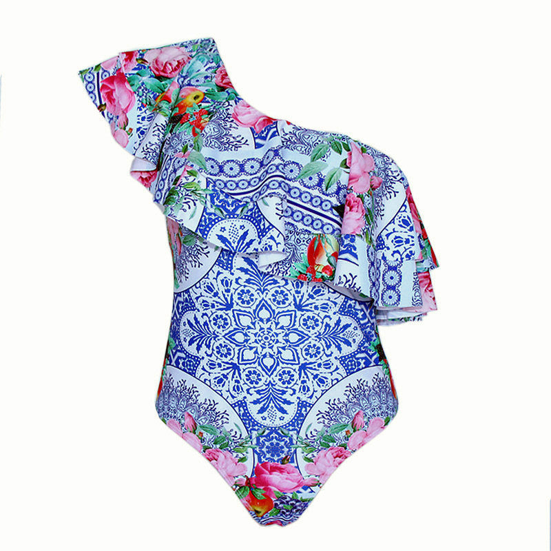 C2C One-piece Double Layer Ruffled Printed Conservative Swimsuit