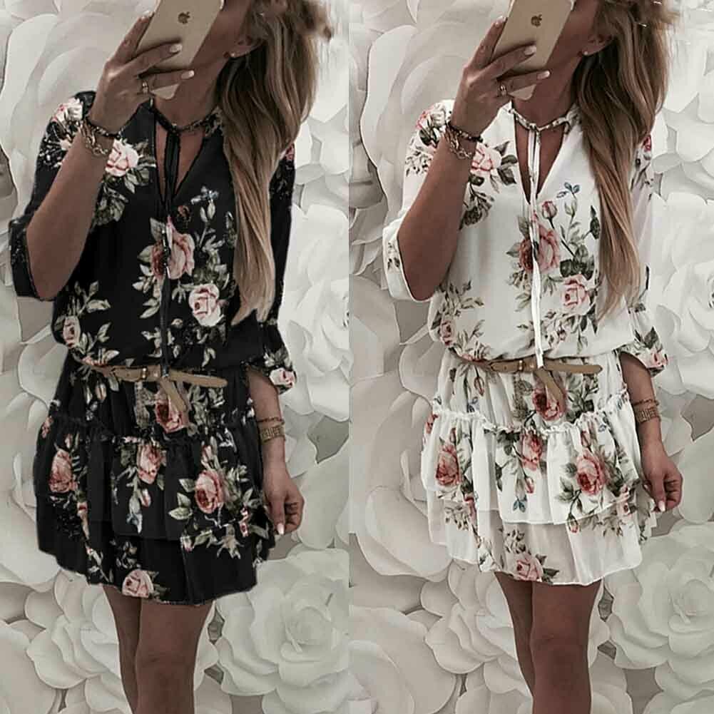 C2C Summer Bohemian Style Floral Print Chiffon Women Dress Beach