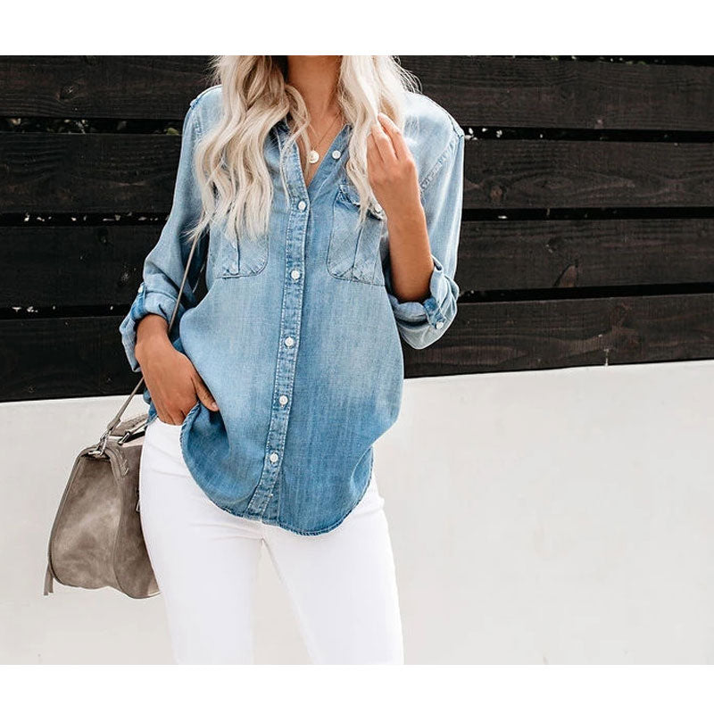 C2C European and American Women's Hem Cuffs Tassels Denim Shirt
