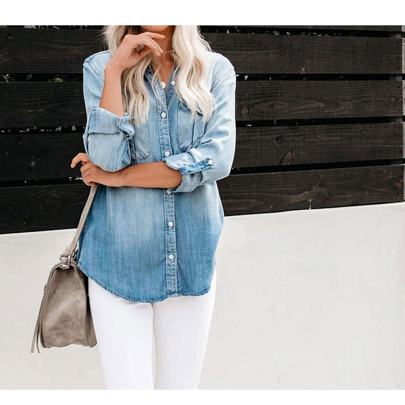 C2C European and American Women's Hem Cuffs Tassels Denim Shirt