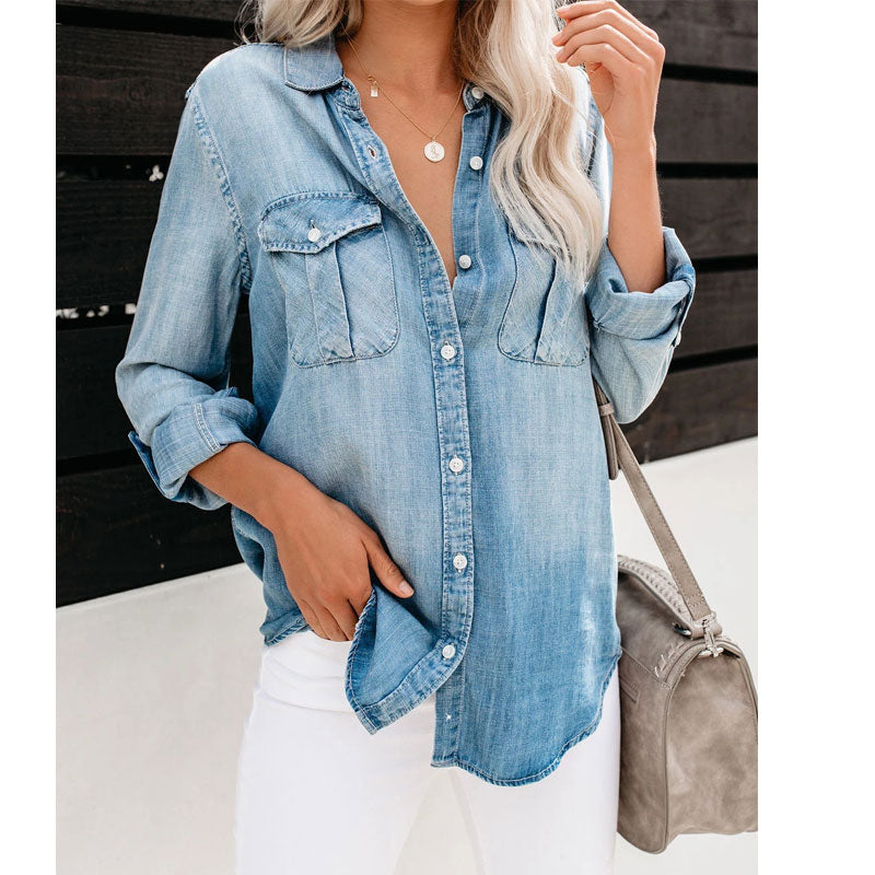 C2C European and American Women's Hem Cuffs Tassels Denim Shirt