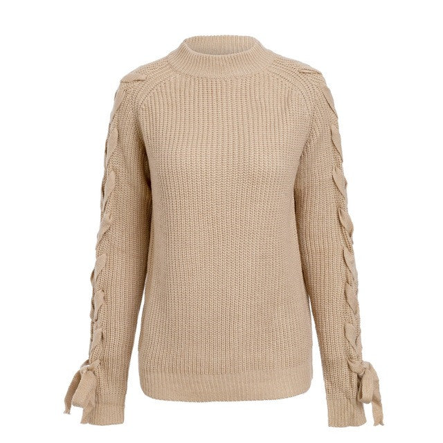 Round neck long sleeve tie sweater
