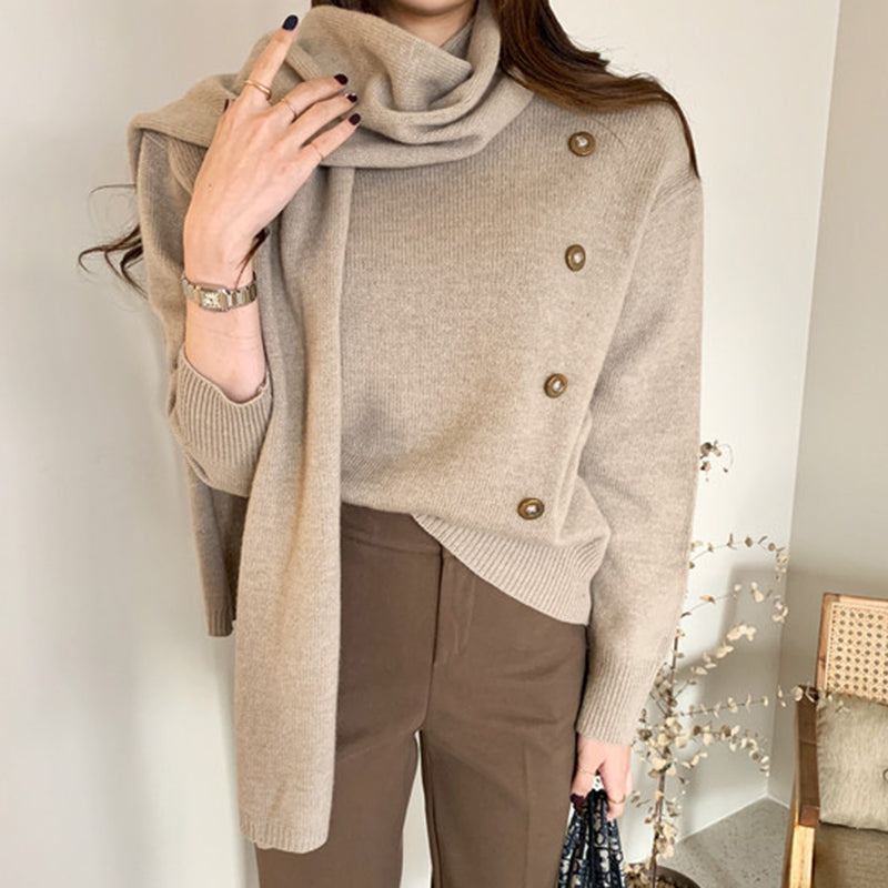 Solid Long Sleeve Knitted Sweater With Scarf