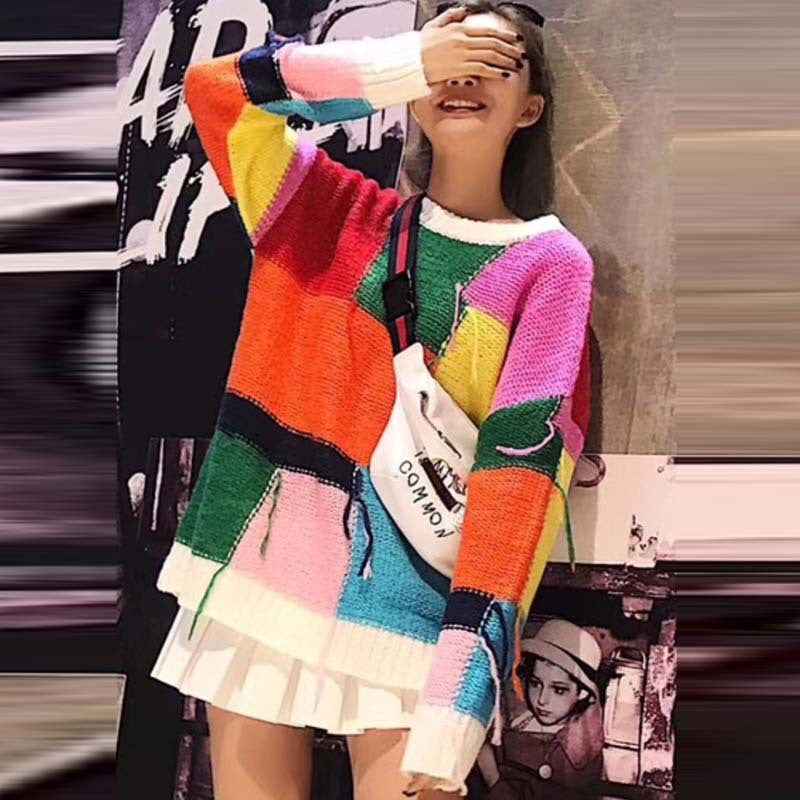 Plaid stitching contrast color sweater
