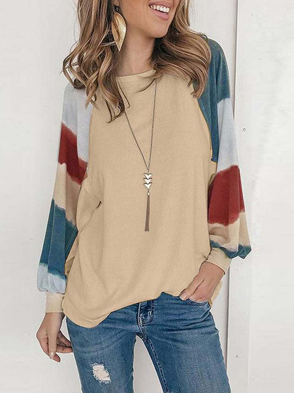 C2C Round Neck Watercolor Balloon Long Sleeve Top Casual Loose T-Shirt