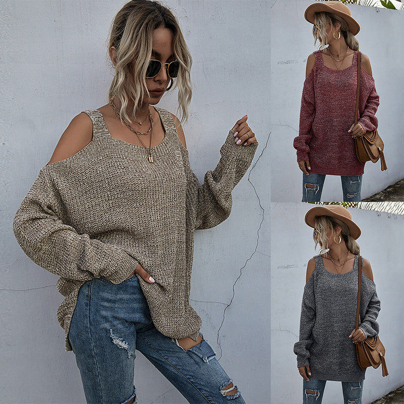 Solid Color Knitted Square Collar Loose Off-Shoulder Bottoming Sweater Women Long Sleeves