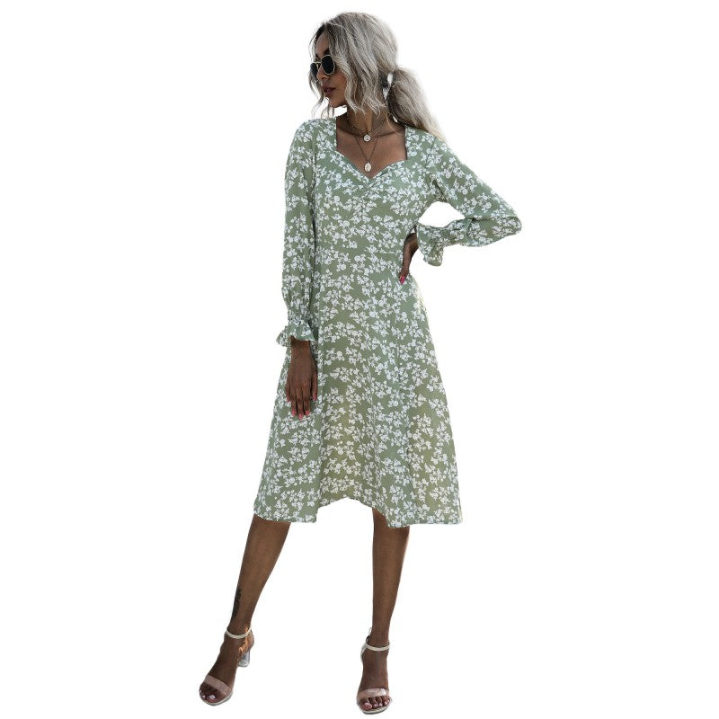 C2C French Style Long-Sleeved Floral V-Neck Pleated Short Women Dress