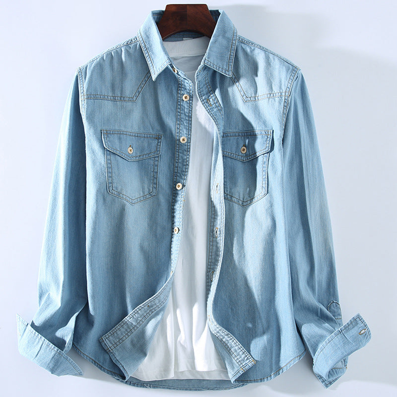 Washed light blue denim with wooden buckle