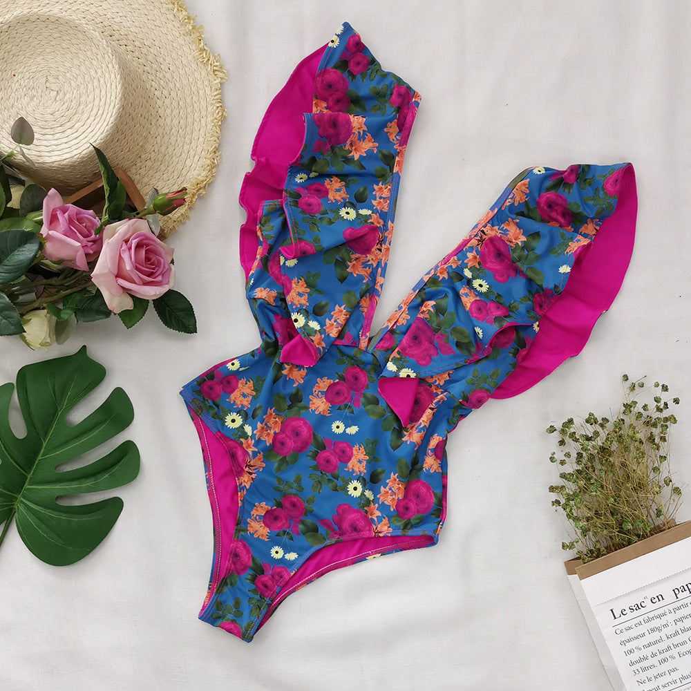 C2C Printed One-Piece & One-Shoulder Ruffle Swimsuit