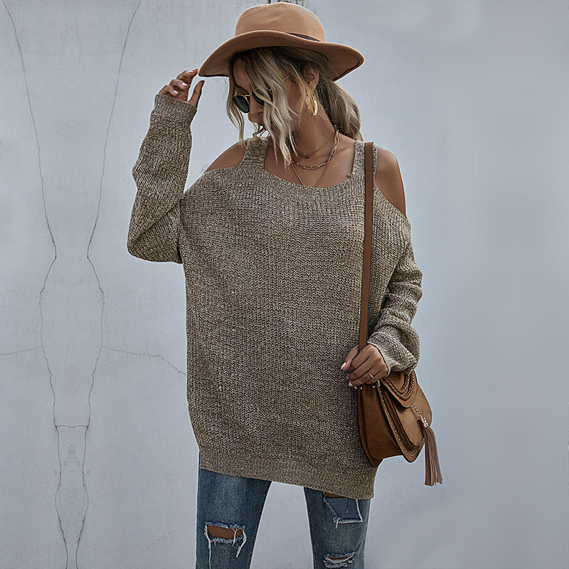 Solid Color Knitted Square Collar Loose Off-Shoulder Bottoming Sweater Women Long Sleeves