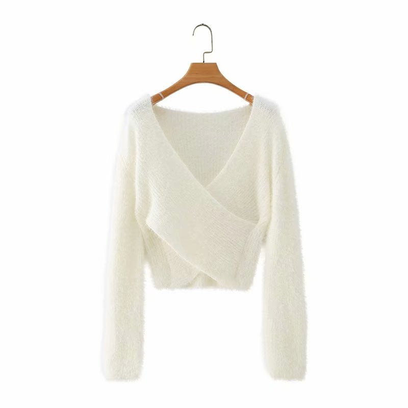 Furry Cross V-Neck Long-Sleeved Crop Top Sweater