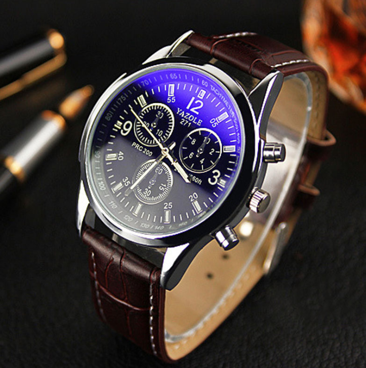 C2C Luxury Leather Blue Ray Glass Quartz Analog Watch