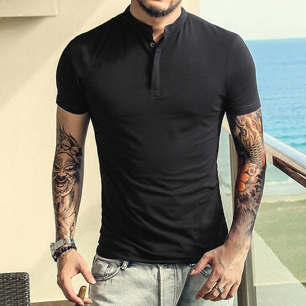 C2C Henry Collar Elastic Slim Short Sleeved T-shirt