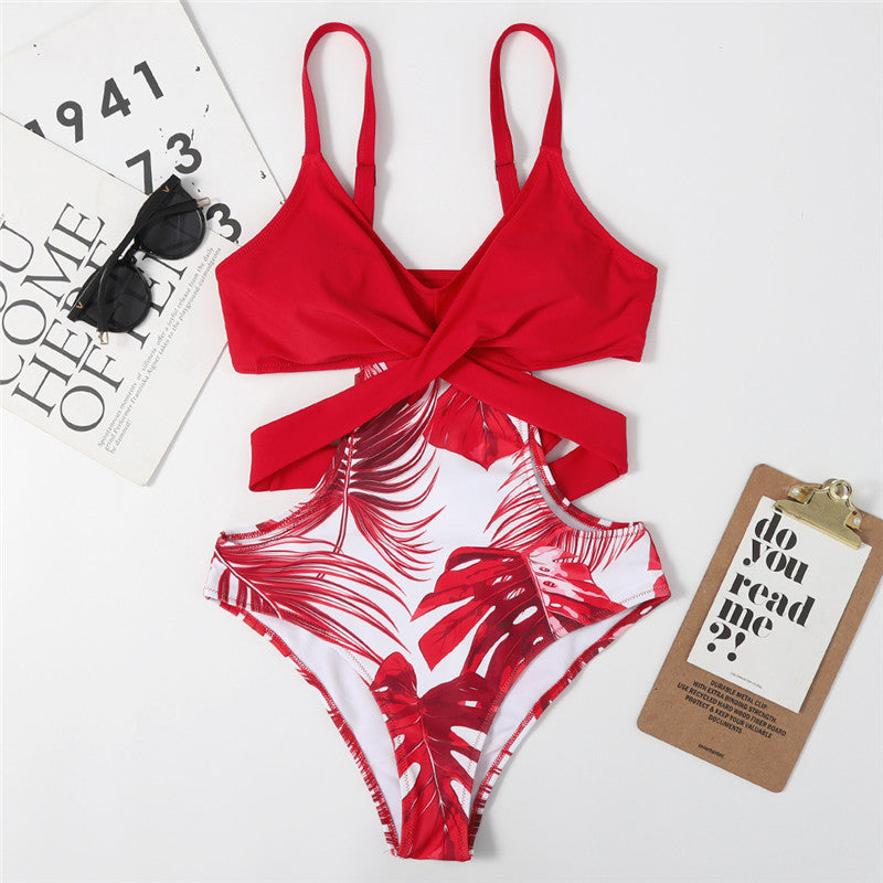 C2C Leaf Print Ladies Tight One-piece Swimsuit
