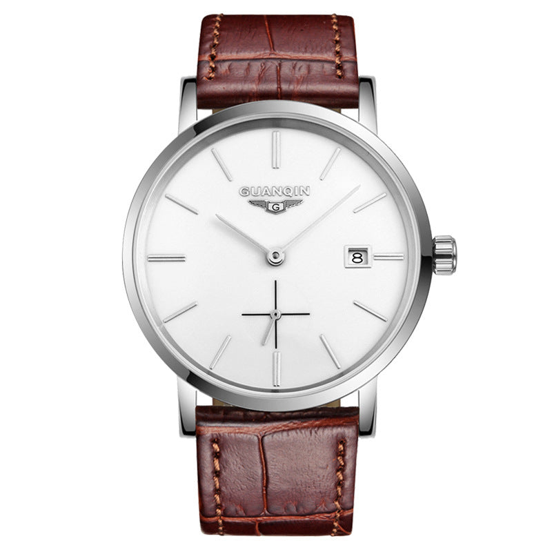 Top watch men's mechanical watches,thin full automatic men's watches, fine steel students (2 pin half belt calendar machine)