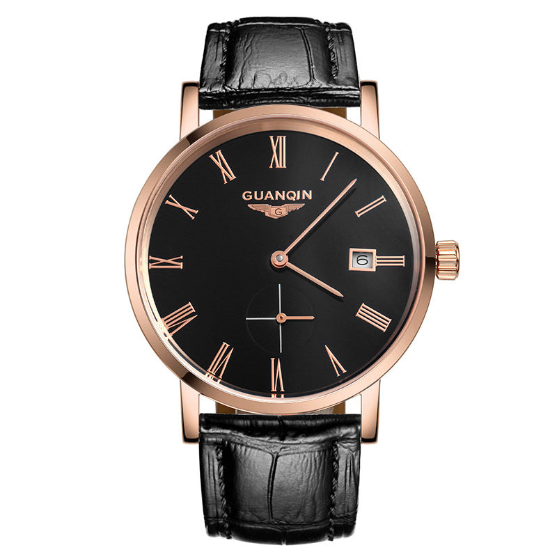 Top watch men's mechanical watches,thin full automatic men's watches, fine steel students (2 pin half belt calendar machine)