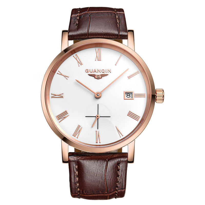 Top watch men's mechanical watches,thin full automatic men's watches, fine steel students (2 pin half belt calendar machine)