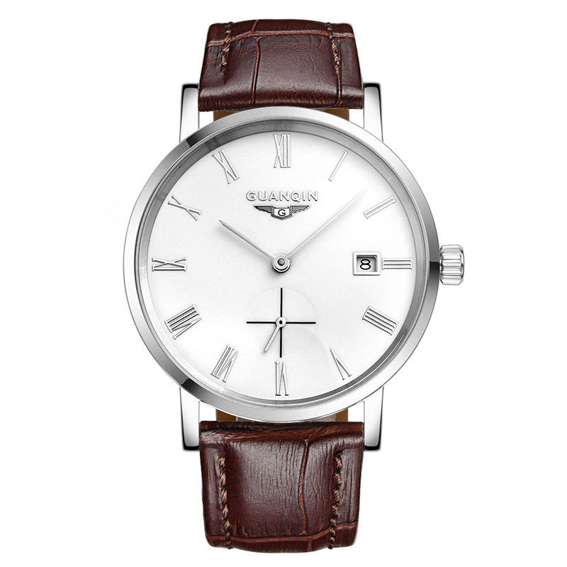 Top watch men's mechanical watches,thin full automatic men's watches, fine steel students (2 pin half belt calendar machine)