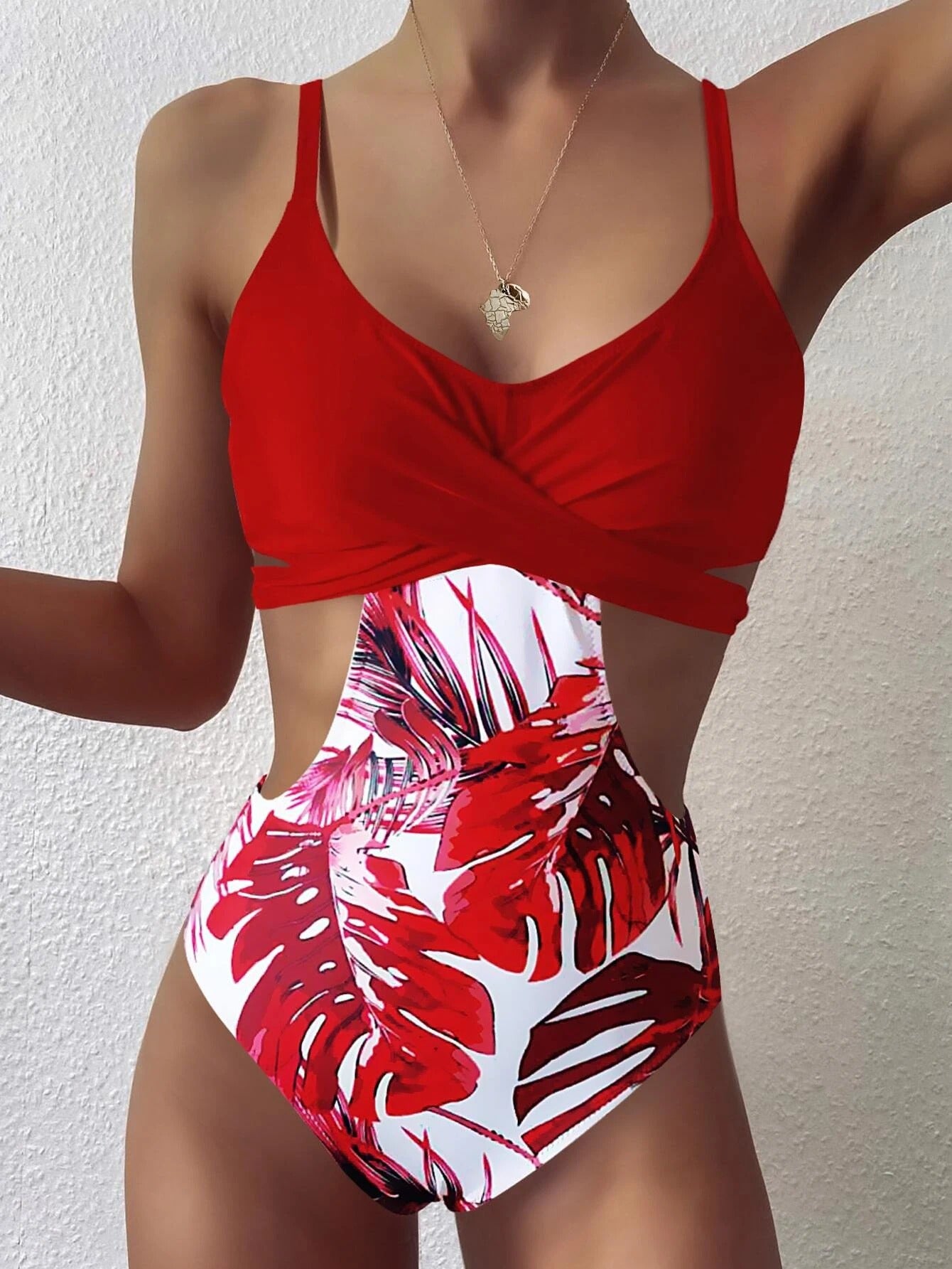 C2C Leaf Print Ladies Tight One-piece Swimsuit