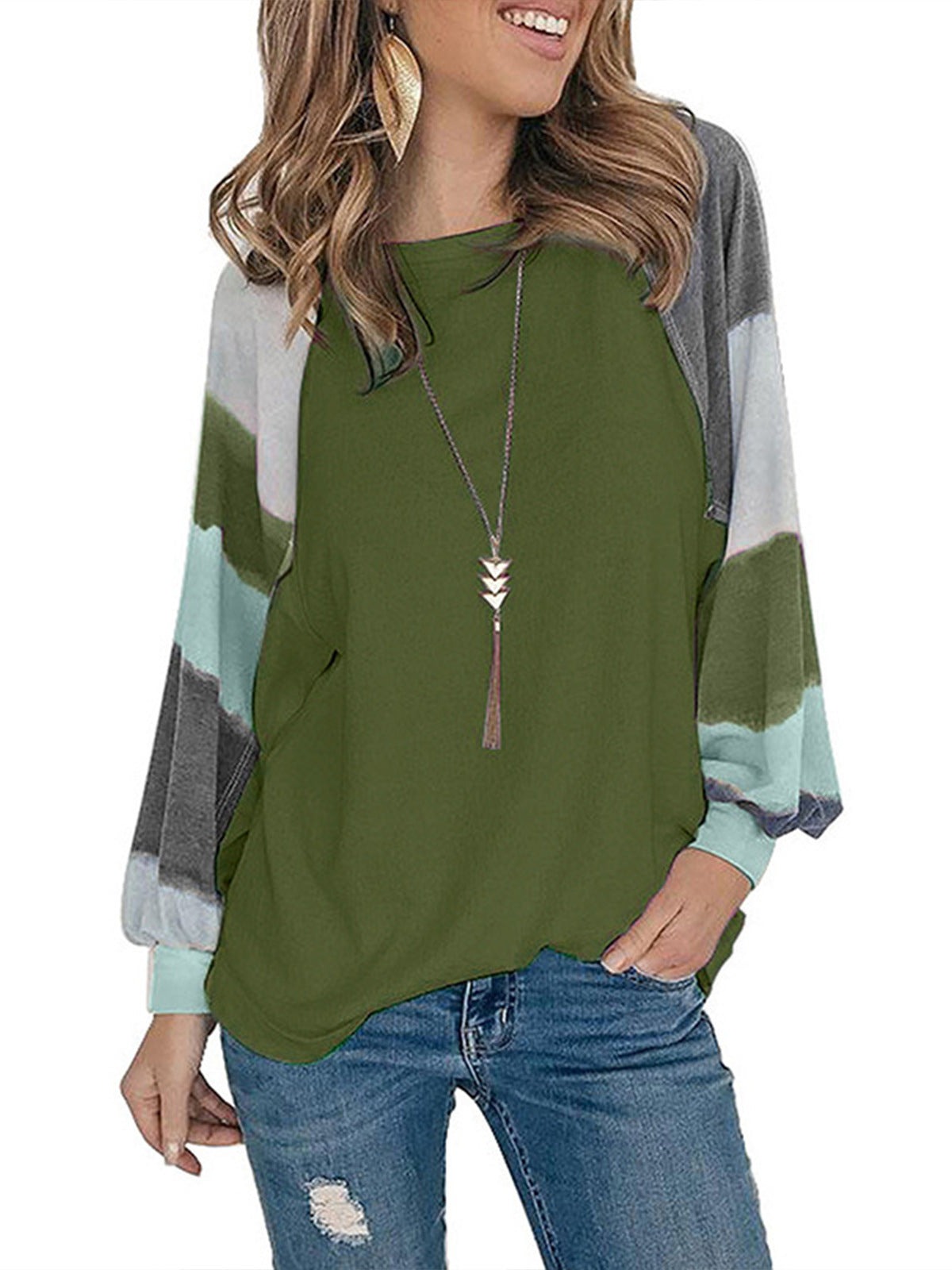 C2C Round Neck Watercolor Balloon Long Sleeve Top Casual Loose T-Shirt