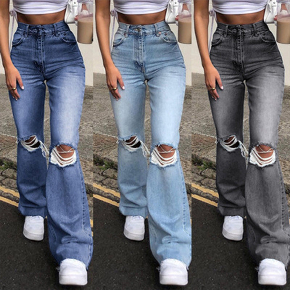 C2C High Waist Ripped Bootcut Denim Slim Straight-Leg Pants